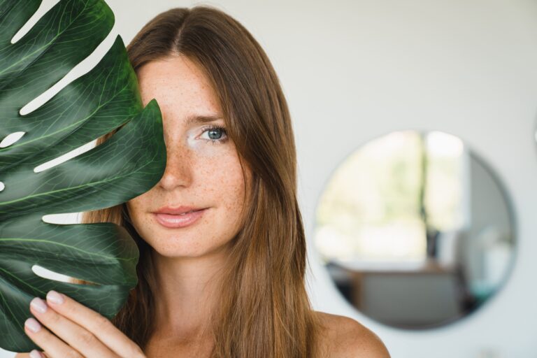 young beautiful woman covering her face with green